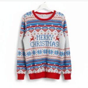 Men’s Sz S Christmas T-Shirt Long Sleeve Faux Ugly Sweater Print Holiday Tee NEW